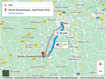 Anfahrt von Ulm nach Romer Sonennschutz